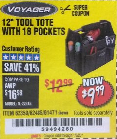 Harbor Freight Coupon VOYAGER 12 IN. TOOL TOTE WITH 18 POCKETS Lot No. 61471 Expired: 1/6/20 - $9.99