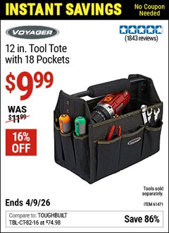 Harbor Freight Coupon VOYAGER 12 IN. TOOL TOTE WITH 18 POCKETS Lot No. 61471 Valid Thru: 4/9/26 - $9.99
