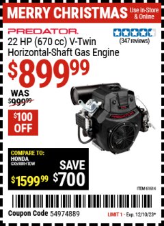 Harbor Freight Coupon PREDATOR 22 HP (670 CC) V-TWIN HORIZONTAL SHAFT GAS ENGINE Lot No. 61614 Expired: 12/10/23 - $899.99