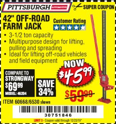 Harbor Freight Coupon 42" OFF-ROAD/FARM JACK Lot No. 6530/60668 Expired: 12/23/19 - $45.99