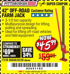 Harbor Freight Coupon 42" OFF-ROAD/FARM JACK Lot No. 6530/60668 Expired: 1/27/20 - $45.99