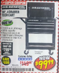 Harbor Freight Coupon 26/30", 4 DRAWER TOOL CART Lot No. 95659/61634/61952 Expired: 7/31/18 - $99.99