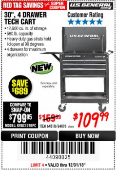 Harbor Freight Coupon 30", 4 DRAWER TECH CART Lot No. 64818/56391/56387/56386/56392/56394/56393/64096 Expired: 12/31/18 - $109.99