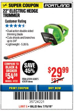 Harbor Freight Coupon 22" ELECTRIC HEDGE TRIMMER Lot No. 62339/62630 Expired: 7/15/18 - $29.99