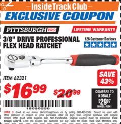 Harbor Freight ITC Coupon 3/8" DRIVE PROFESSIONAL FLEX-HEAD RATCHET Lot No. 62321 Expired: 4/30/19 - $16.99