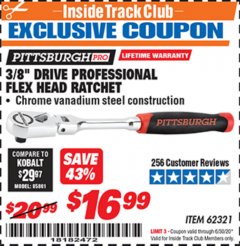 Harbor Freight ITC Coupon 3/8" DRIVE PROFESSIONAL FLEX-HEAD RATCHET Lot No. 62321 Expired: 6/30/20 - $16.99