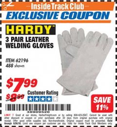 Harbor Freight ITC Coupon 14" LEATHER WELDING GLOVES 3 PAIR Lot No. 488/62196 Expired: 6/30/18 - $7.99
