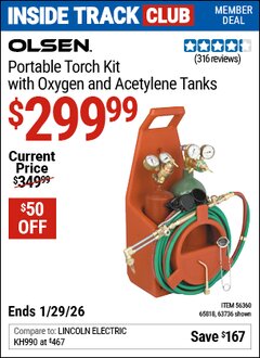 Harbor Freight ITC Coupon CHICAGO ELECTRIC PORTABLE TORCH KIT WITH OXYGEN AND ACETYLENE TANKS Lot No. 63736/65818/56360 Valid Thru: 1/29/26 - $299.99
