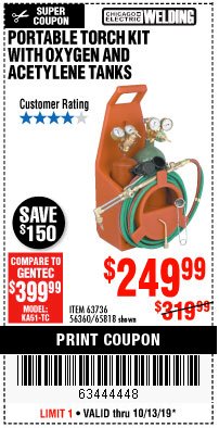 Harbor Freight Coupon CHICAGO ELECTRIC WELDING PORTABLE TORCH KIT WITH OXYGEN AND ACETYLENE TANKS Lot No. 65818/63736/56360 Expired: 10/13/19 - $249.99