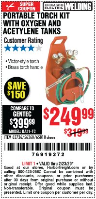 Harbor Freight Coupon PORTABLE TORCH KIT WITH OXYGEN AND ACETYLENE TANKS Lot No. 63736, 56360, 65818 Expired: 2/23/20 - $249.99
