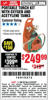 Harbor Freight Coupon CHICAGO ELECTRIC WELDING PORTABLE TORCH KIT WITH OXYGEN AND ACETYLENE TANKS Lot No. 65818/63736/56360 Expired: 2/23/20 - $249.99