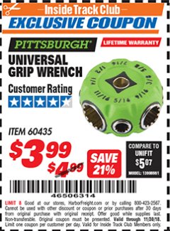 Harbor Freight ITC Coupon UNIVERSAL GRIP WRENCH Lot No. 60435 Expired: 11/30/18 - $3.99