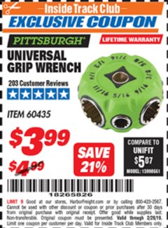 Harbor Freight ITC Coupon UNIVERSAL GRIP WRENCH Lot No. 60435 Expired: 2/28/19 - $3.99