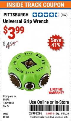 Harbor Freight ITC Coupon UNIVERSAL GRIP WRENCH Lot No. 60435 Expired: 8/31/20 - $3.99