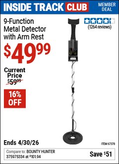 Harbor Freight Coupon 9-FUNCTION METAL DETECTOR WITH ARM REST Lot No. 67378 Valid: 12/31/69 - 4/30/26 - $49.99