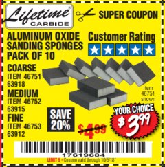 Harbor Freight Coupon ALUMINUM OXIDE SANDING SPONGES PACK OF 10 Lot No. 46751/46752/46753 Expired: 10/5/18 - $3.99