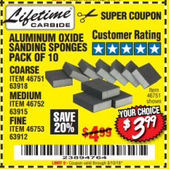 Harbor Freight Coupon ALUMINUM OXIDE SANDING SPONGES PACK OF 10 Lot No. 46751/46752/46753 Expired: 8/10/18 - $3.99