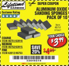 Harbor Freight Coupon ALUMINUM OXIDE SANDING SPONGES PACK OF 10 Lot No. 46751/46752/46753 Expired: 9/3/19 - $3.99
