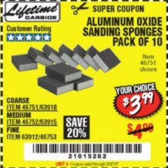 Harbor Freight Coupon ALUMINUM OXIDE SANDING SPONGES PACK OF 10 Lot No. 46751/46752/46753 Expired: 8/9/19 - $3.99