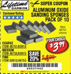 Harbor Freight Coupon ALUMINUM OXIDE SANDING SPONGES PACK OF 10 Lot No. 46751/46752/46753 Expired: 10/27/19 - $3.99