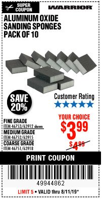 Harbor Freight Coupon ALUMINUM OXIDE SANDING SPONGES PACK OF 10 Lot No. 46751/46752/46753 Expired: 8/11/19 - $3.99