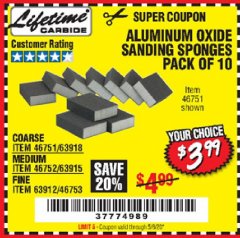 Harbor Freight Coupon ALUMINUM OXIDE SANDING SPONGES PACK OF 10 Lot No. 46751/46752/46753 Expired: 6/30/20 - $3.99