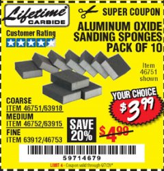 Harbor Freight Coupon ALUMINUM OXIDE SANDING SPONGES PACK OF 10 Lot No. 46751/46752/46753 Expired: 6/30/20 - $3.99
