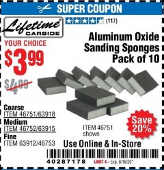 Harbor Freight Coupon ALUMINUM OXIDE SANDING SPONGES PACK OF 10 Lot No. 46751/46752/46753 Expired: 8/16/20 - $3.99