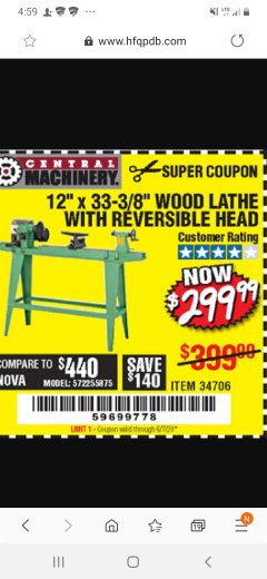 Harbor Freight Coupon 12" x 33-3/8" WOOD LATHE WITH REVERSIBLE HEAD Lot No. 34706 Expired: 6/7/20 - $299.99