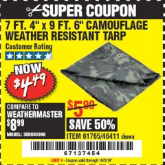 Harbor Freight Coupon 7 FT. 4" x 9 FT. 6" CAMOUFLAGE ALL PURPOSE/WEATHER RESISTANT TARP Lot No. 46411/61765 Expired: 10/3/19 - $4.49