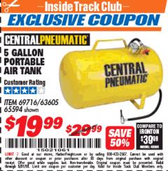 Harbor Freight ITC Coupon CENTRAL PNEUMATIC 5 GALLON PORTABLE AIR TANK Lot No. 65594/69716/63605 Expired: 5/31/18 - $19.99