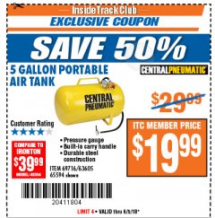 Harbor Freight ITC Coupon CENTRAL PNEUMATIC 5 GALLON PORTABLE AIR TANK Lot No. 65594/69716/63605 Expired: 6/5/18 - $19.99