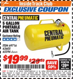 Harbor Freight ITC Coupon 5 GALLON PORTABLE STEEL AIR TANK Lot No. 65594/69716 Expired: 7/31/18 - $19.99