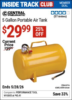 Harbor Freight ITC Coupon CENTRAL PNEUMATIC 5 GALLON PORTABLE AIR TANK Lot No. 65594/69716/63605 Valid Thru: 5/28/26 - $29.99