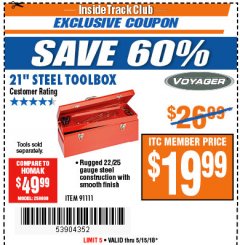 Harbor Freight ITC Coupon VOYAGER 21 IN. STEEL TOOLBOX Lot No. 91111 Expired: 5/15/18 - $19.99