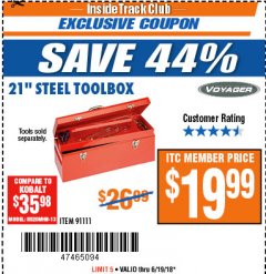 Harbor Freight ITC Coupon VOYAGER 21 IN. STEEL TOOLBOX Lot No. 91111 Expired: 6/19/18 - $19.99