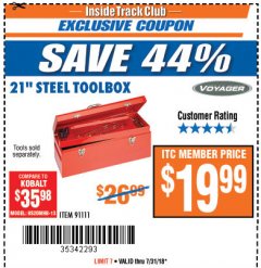 Harbor Freight ITC Coupon VOYAGER 21 IN. STEEL TOOLBOX Lot No. 91111 Expired: 7/31/18 - $19.99