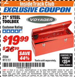 Harbor Freight ITC Coupon VOYAGER 21 IN. STEEL TOOLBOX Lot No. 91111 Expired: 9/30/18 - $19.99