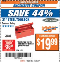 Harbor Freight ITC Coupon VOYAGER 21 IN. STEEL TOOLBOX Lot No. 91111 Expired: 10/23/18 - $19.99