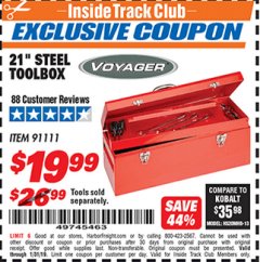 Harbor Freight ITC Coupon VOYAGER 21 IN. STEEL TOOLBOX Lot No. 91111 Expired: 1/31/19 - $19.99