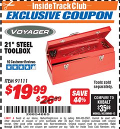 Harbor Freight ITC Coupon VOYAGER 21 IN. STEEL TOOLBOX Lot No. 91111 Expired: 3/31/19 - $19.99