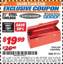 Harbor Freight ITC Coupon VOYAGER 21 IN. STEEL TOOLBOX Lot No. 91111 Expired: 5/31/19 - $19.99