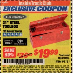 Harbor Freight ITC Coupon 21" STEEL TOOLBOX Lot No. 91111 Expired: 7/31/19 - $19.99