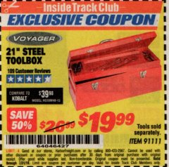 Harbor Freight ITC Coupon VOYAGER 21 IN. STEEL TOOLBOX Lot No. 91111 Expired: 7/31/19 - $19.99