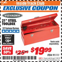 Harbor Freight ITC Coupon 21" STEEL TOOLBOX Lot No. 91111 Expired: 11/30/19 - $19.99