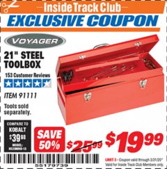 Harbor Freight ITC Coupon VOYAGER 21 IN. STEEL TOOLBOX Lot No. 91111 Expired: 3/31/20 - $19.99