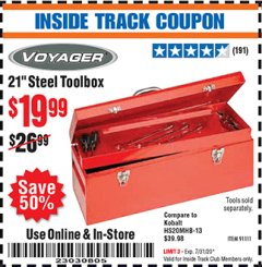 Harbor Freight ITC Coupon 21" STEEL TOOLBOX Lot No. 91111 Expired: 7/31/20 - $19.99