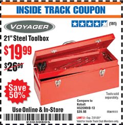 Harbor Freight ITC Coupon VOYAGER 21 IN. STEEL TOOLBOX Lot No. 91111 Expired: 7/31/20 - $19.99