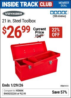 Harbor Freight ITC Coupon VOYAGER 21 IN. STEEL TOOLBOX Lot No. 91111 Valid Thru: 1/29/26 - $26.99