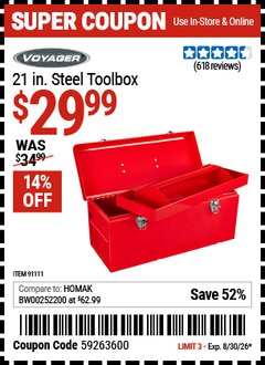 Harbor Freight Coupon VOYAGER 21 IN. STEEL TOOLBOX Lot No. 91111 Valid Thru: 8/30/26 - $29.99